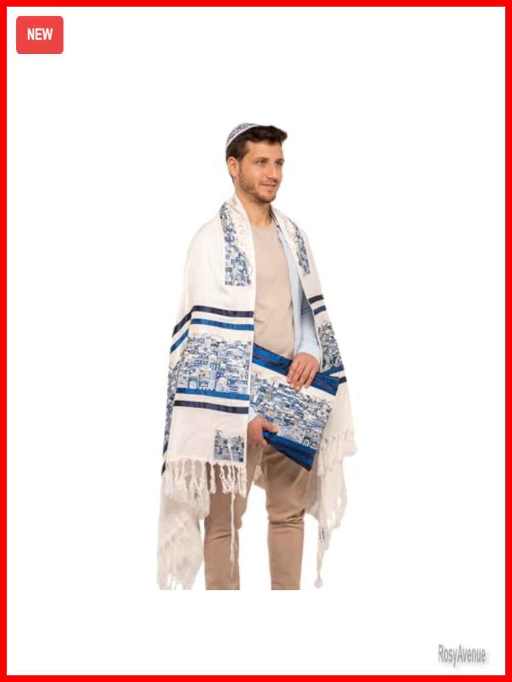 Embroidered Silk Tallit Prayer Shawl Set with Bag & Kippah Jerusalem Vista